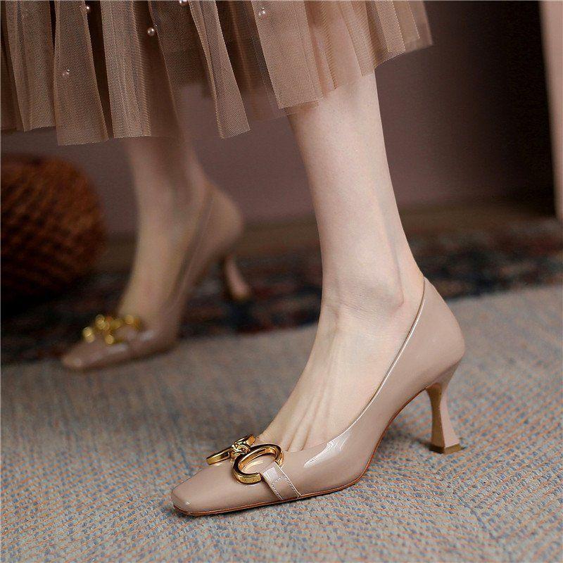 

Dress Shoes Retro Square Toe High Heels Ladies Metal Decoration Classic Women Black Stiletto French Women's ShoesDress