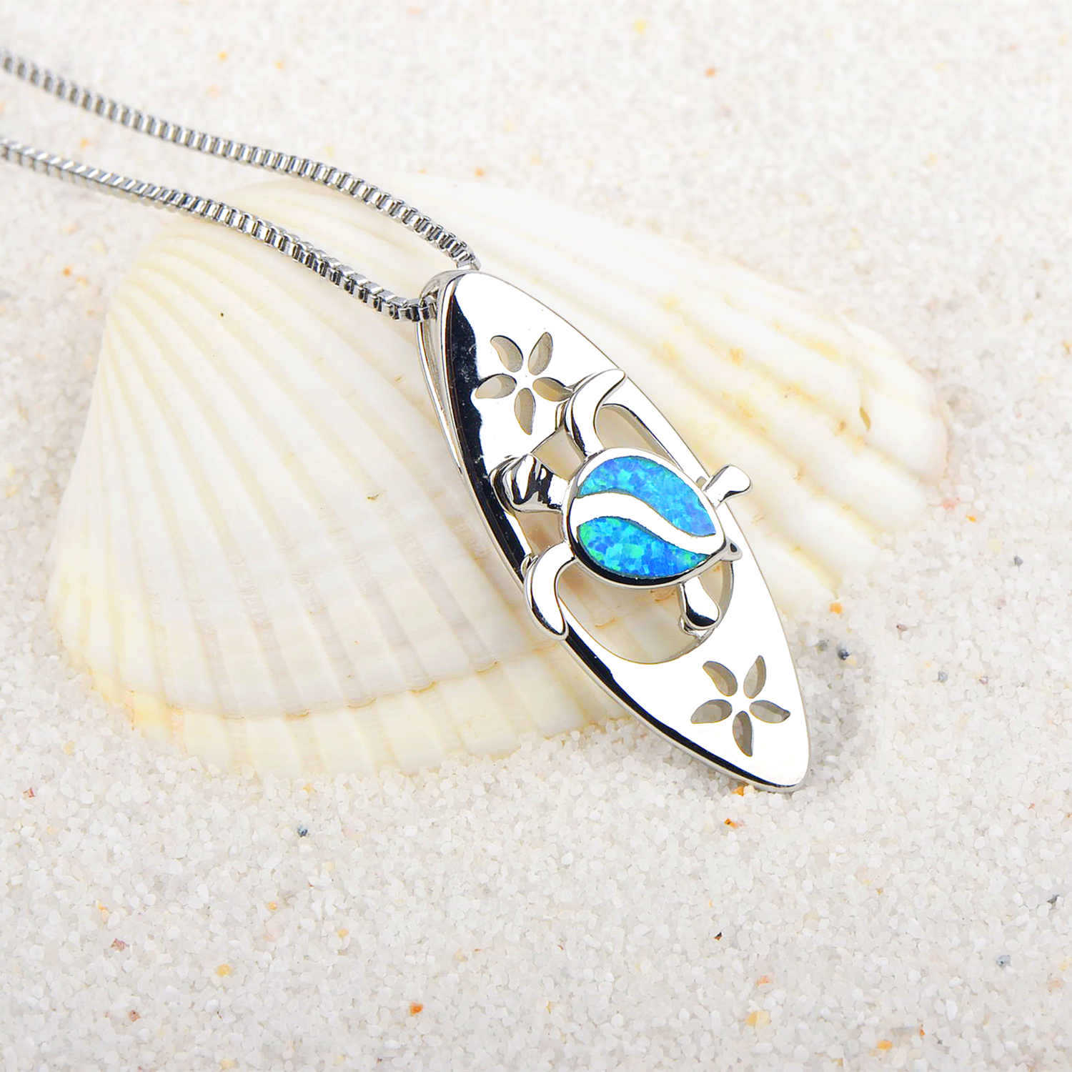 Silver Sea Turtle Surfboard Pendant Opal Tturtle pendants Sea life Jewelry-image-760369447