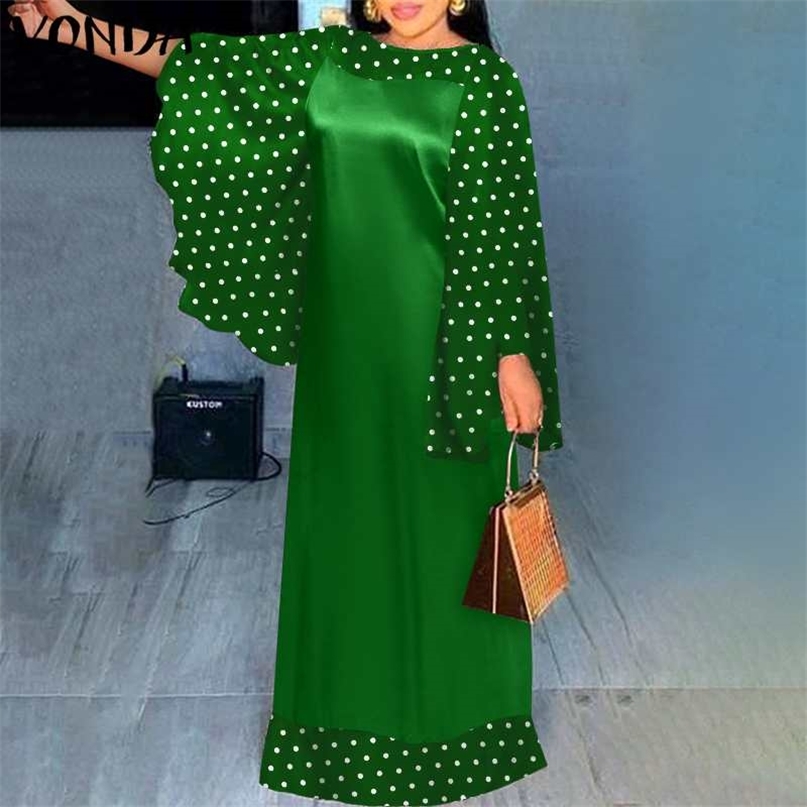 Robe en Satin élégante VONDA femmes Vintage O cou à pois bohème Maxi longue plage vacances fête robes surdimensionné 220521
