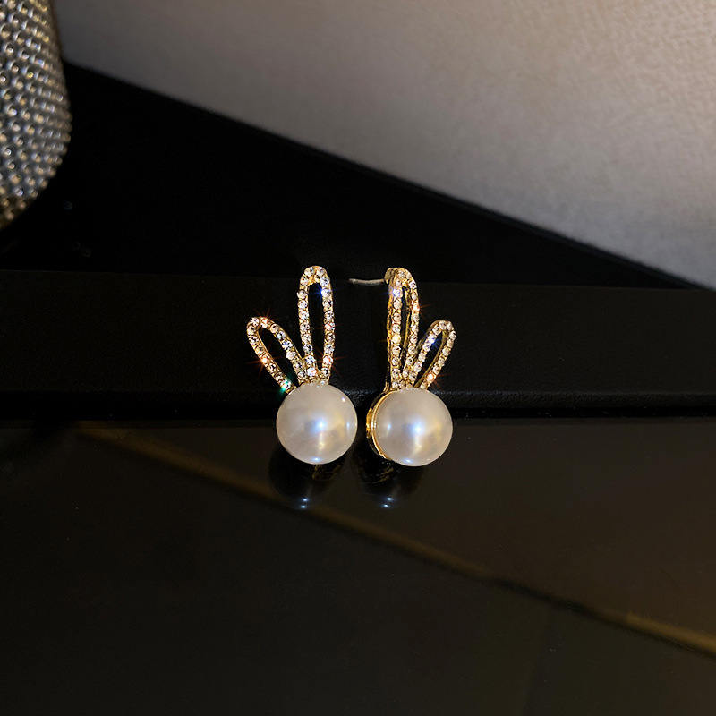 

S3046 Fashion Jewelry S925 Silver Post Stud Earrings Faux Pearl Cute Sweet Rhinestone Rabbit Ear Earrings