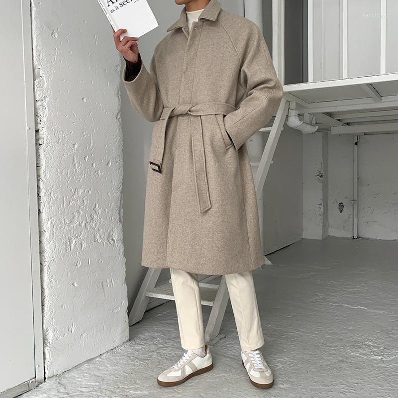 

Men's Wool & Blends Solid Thickening Woolen Coat Male Korean Long Loose Single-breasted Simple Slim Warm Belt Jacket Boy 2022 Kend22, Black