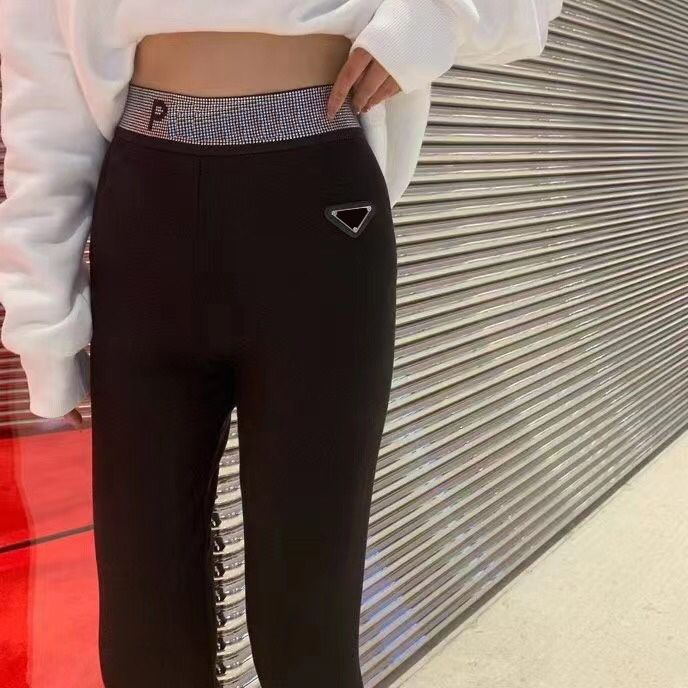 

Shining Letter Diamond Pants High Waist Elastic Thin Leggings Rhinestone Alphabet Metal Triangle Label Trousers, Black