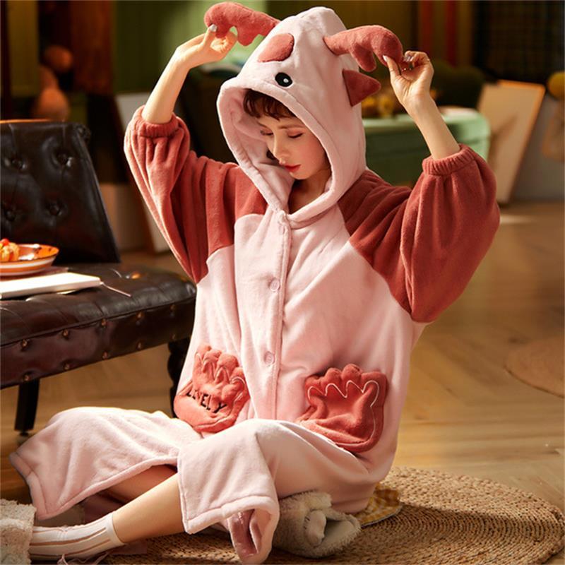 

Women's Sleepwear Winter Nightie Warm Nightdress Flannel Dressing-Clothes For Women Robes Deer Bathrobe Female Hooded Nightgowns With Ears P, As pic
