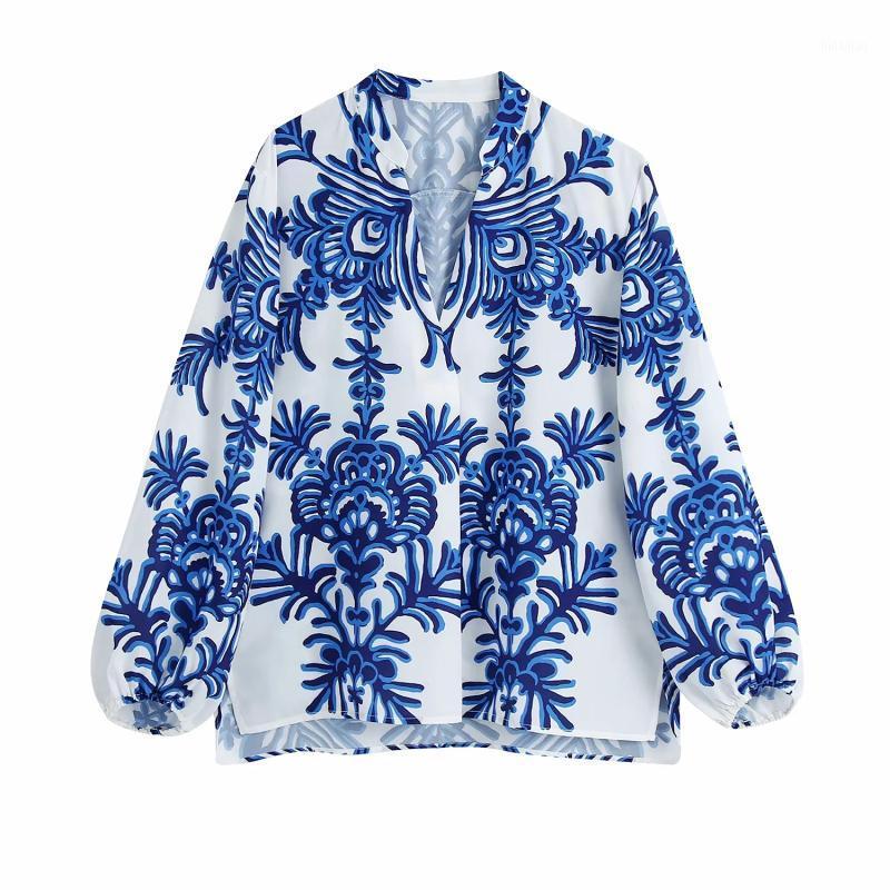 

Women's Blouses & Shirts Fashion Women Vintage Blue Totem Floral Print Smock Blouse Office Ladies Business Casual Shirt Chic Loose Blusas To, As pic