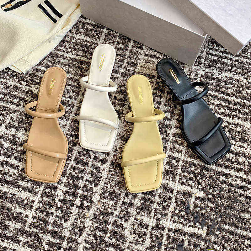 

Slippers Women Shoes Slides French Beach Sandals Outside Sexy Double Belt Square Toe High Heels 220524, Black