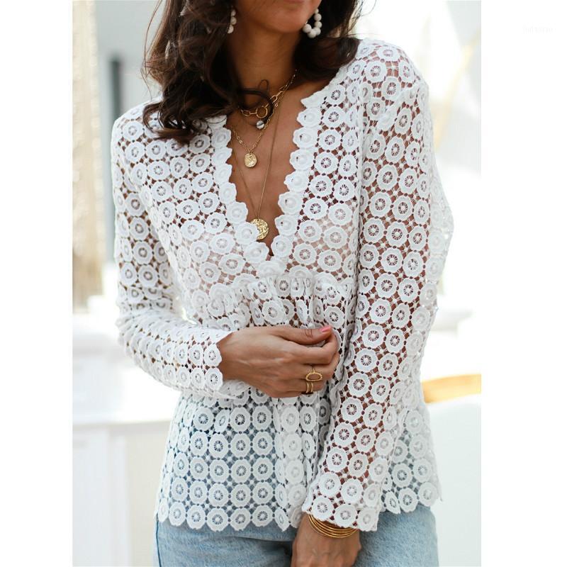 

Women' Blouses & Shirts 2022 Long Sleeve Elegant Blouse Women V Neck Crochet Lace See Through Sexy Tops Solid Casual Loose Female, White