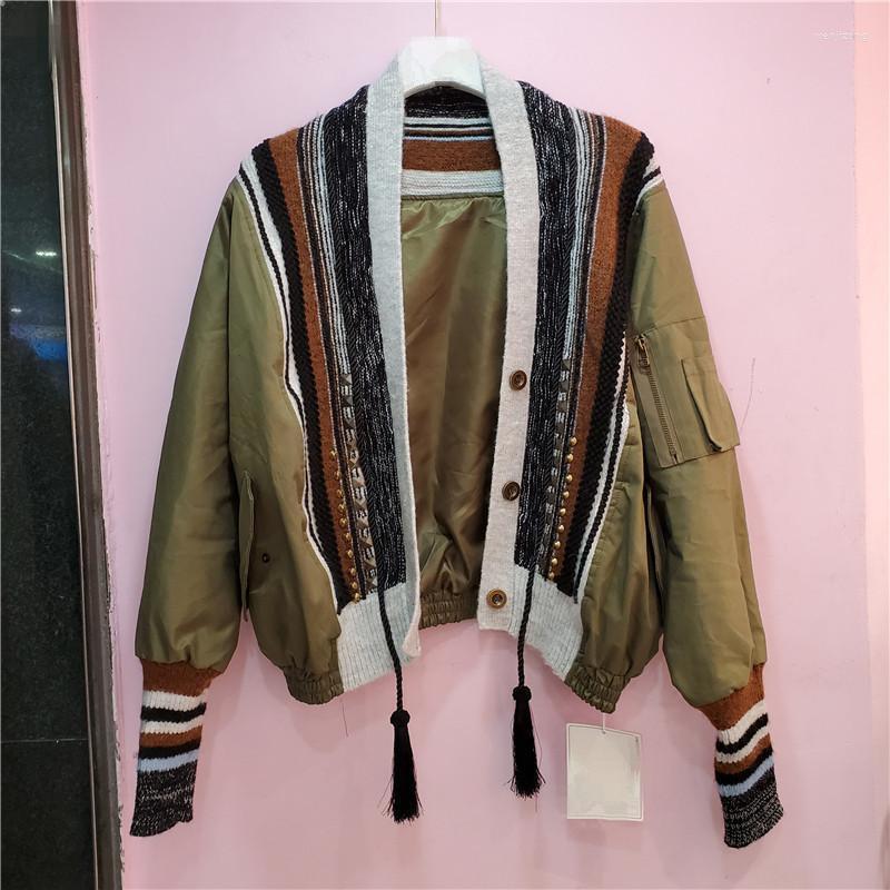 

Women's Jackets Autumn 2022 Fashion Rivet Female V-neck Knitted Patchwork Baseball Jacket Batwing Sleeve Casual Women Army Green Short Outwe