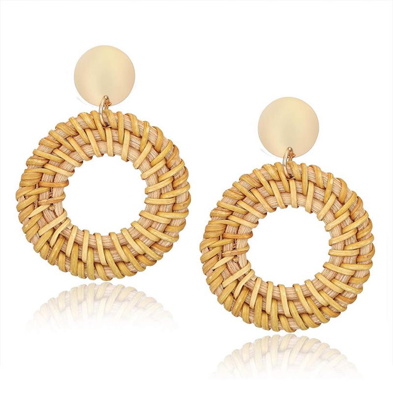 

Exaggerated creative handmade rattan earrings Ethnic retro round rattan braided earrings