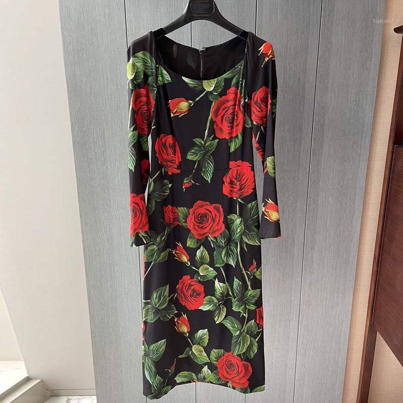 

Casual Dresses High Quality Women' Silk Dress Sicilian Vintage Rose Print Evening Party Vacation Mid-Length Ladies Vestidos Autumn 2022, Multi
