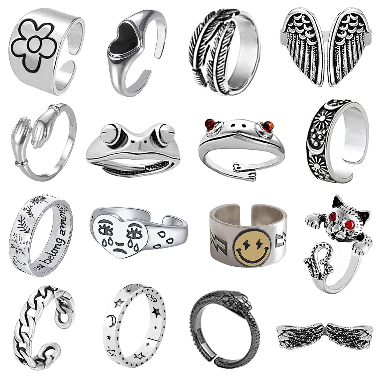 

Band Rings Cool Sier Plated Frog Set Cute Open Vintage Matching And Stylish Snake Hug Smiley Face Moon Sun For Couples Gift Women Men amNdT