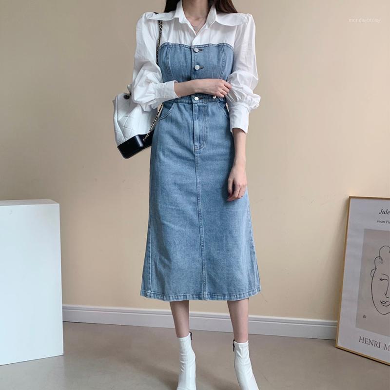 

Casual Dresses Alien Kitty 2022 Spring Women French Long Patchwork Denim Elegant Gentle Retro Female Office Lady Vestidos, Gray