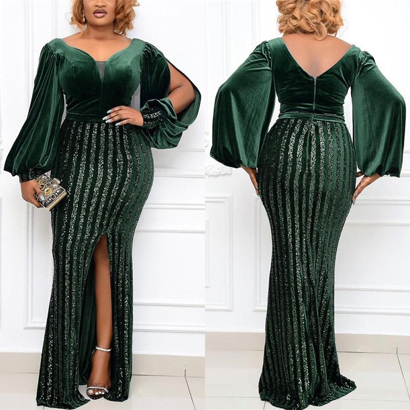 

Ethnic Clothing Long Sequins Party Dress African Velvet Sexy Split Gown Africa Dresses Bazin Broder Riche Slim Outfits