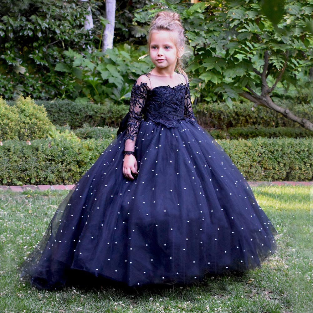 

Navy Lace Ball Gown Flower Girl Dresses For Wedding Long Sleeves Peals Pageant Gowns Sheer Bateau Neckline Tulle First Communion Dress, Burgundy
