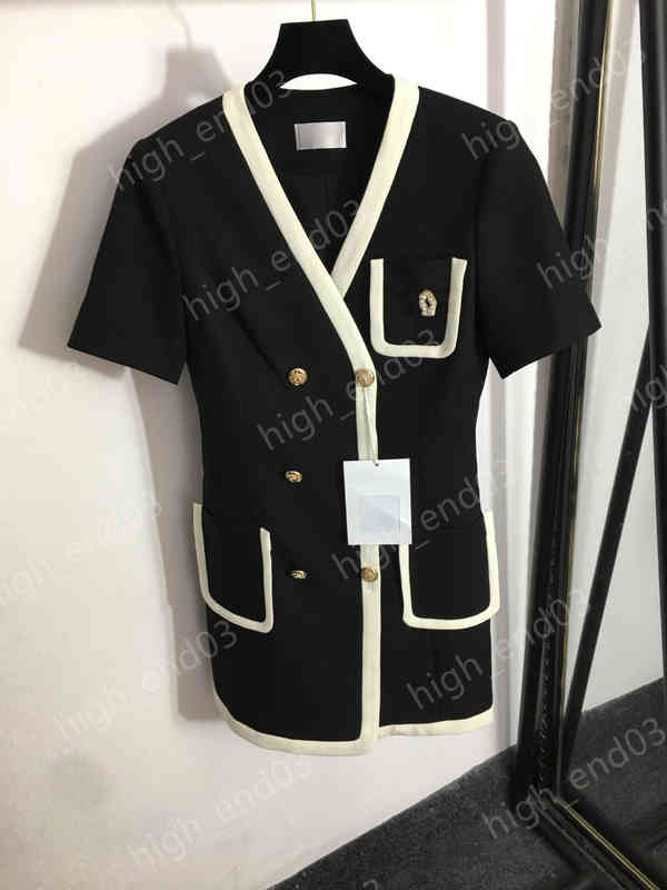 

Designer Womens Dresses Ch Pearl Pin-embellished Double-breasted Contrast Covered V-neck Short-sleeve Dress Luxury Women Clothing Apparel