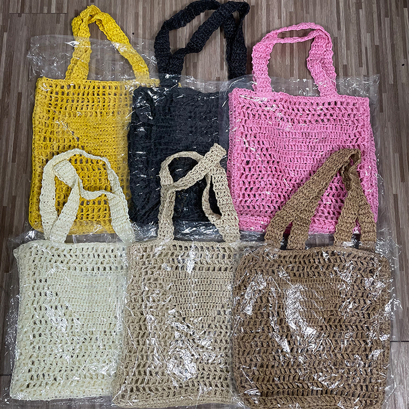 

[No Box] Fashion Mesh Hollow Woven Shopping Bags for Summer Straw Tote Bag Shoulder Bag 6Colors, Pink