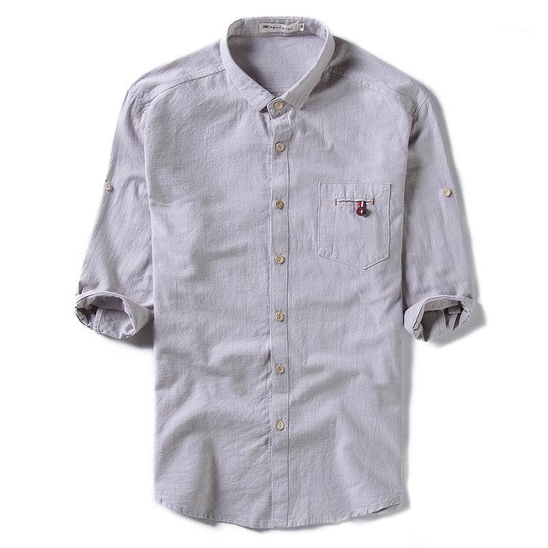 

Men Classic Half Sleeve Shirts Linen Clothing Turn-down Collar Slim Fit Solid White Shirt Short Camisa Masculina Men's Casual, Gray