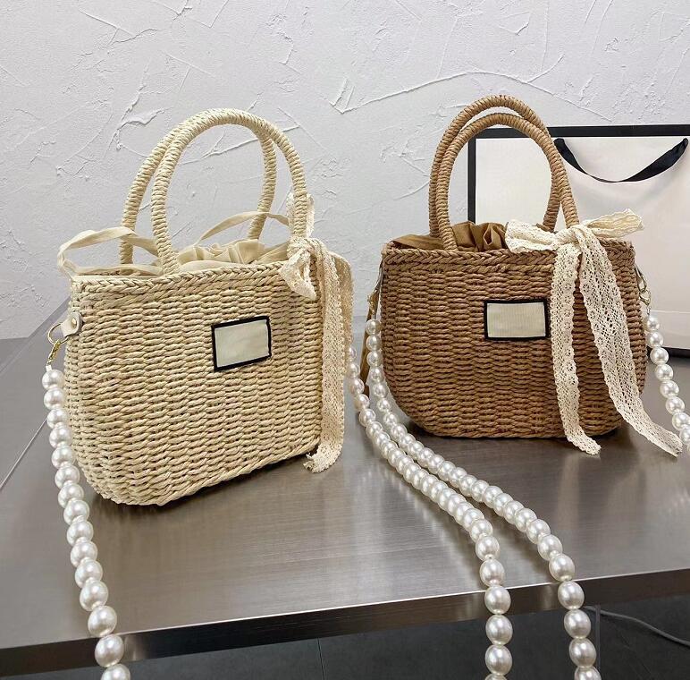 

Summer Beach Straw Bow Bags Women Casual Rattan Travel Purse Pearl Handbags Wicker Woven AAA+ Female Totes Large Capacity Lady Buckets Bag, Beige