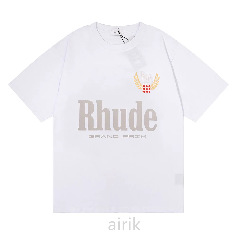 

Trend RHUDE Men' T-Shirts Grand Prix double yarn cotton loose short-sleeved T-shirt male and female students American fashion brand, Beige