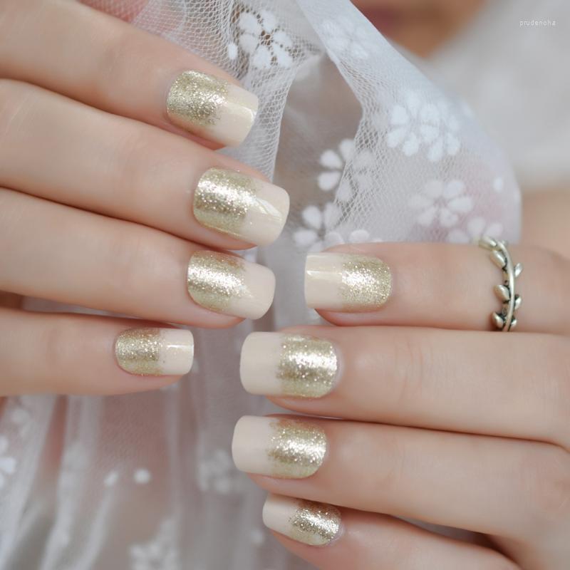 

False Nails Glitter Square Nude Medium Decoration Gold Powder Nail Acrylic Pre-designed Sharper Tip 24Pcs Prud22, L5050