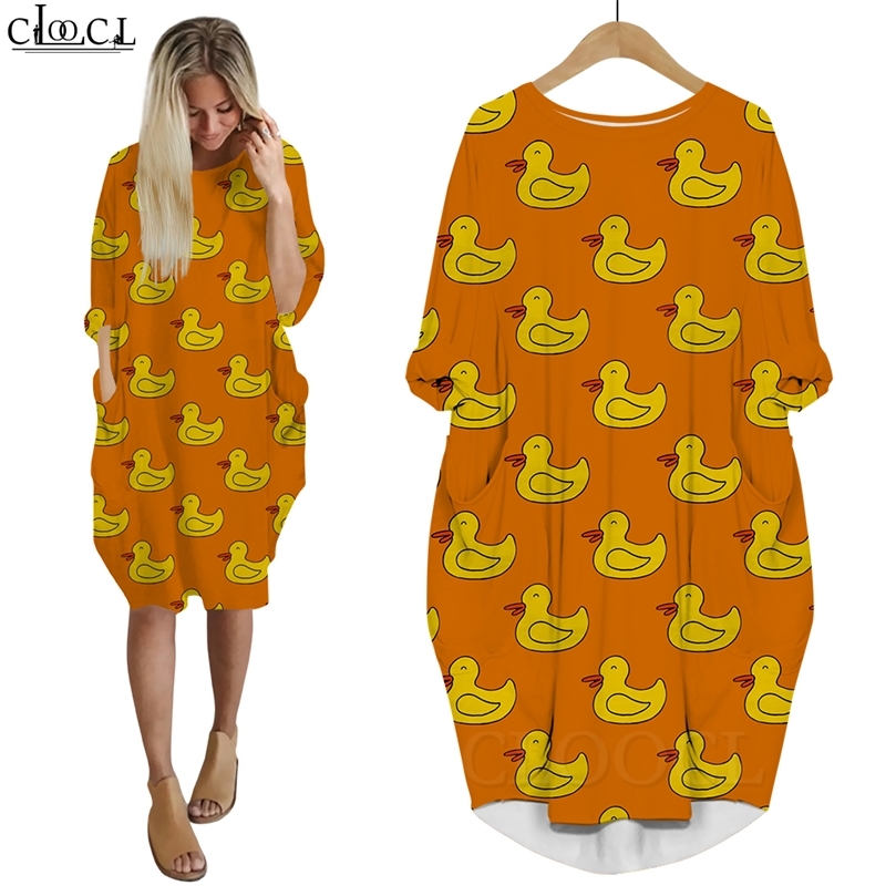 Femmes robe mignon petit canard jaune 3D jupe ample à manches longues fille robes décontracté poche robe femmes robes W220616