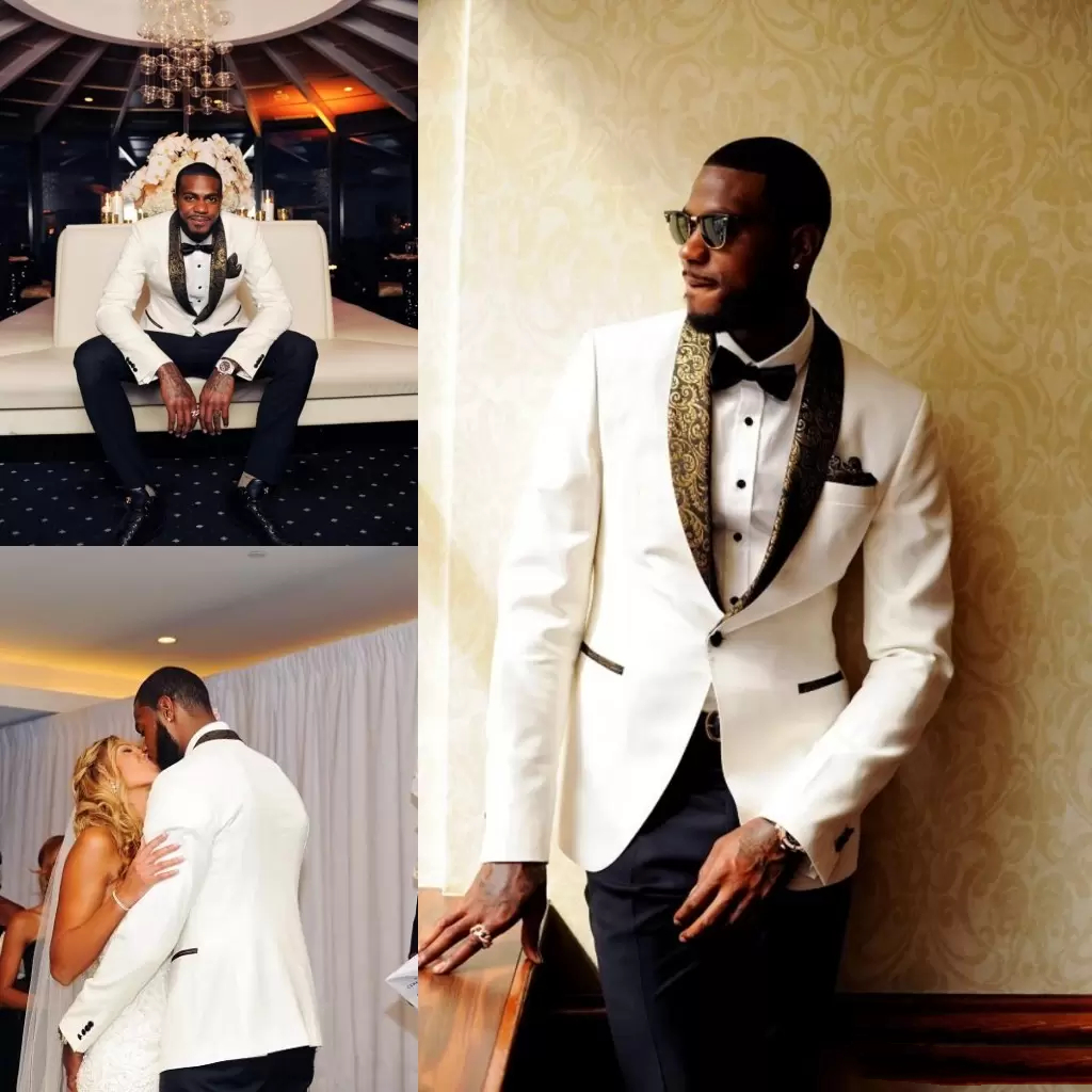 Handsome Men Suits Wedding Tuxedos Slim Fit Groom Wear Shawl Lapel One Button 2 Piece Prom Party Blazer White Jacket And Black Pants