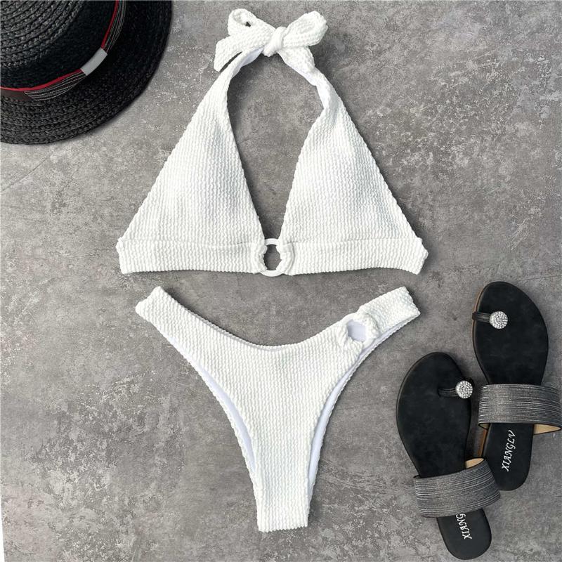 

Women' Swimwear Halter Wrinkled Bikini Women Female Swimsuit Two-pieces Set Mid Waist Brazilian Bather Bathing Suit Swim K2922, White