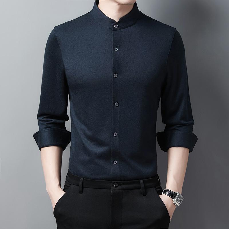 

Men's Casual Shirts Silk 7.6% Wool 5.6% For Men Long Sleeve Formal Winter Warm Mulit Color Man Luxury Korean Clothes Brand MenswearMen's, Black