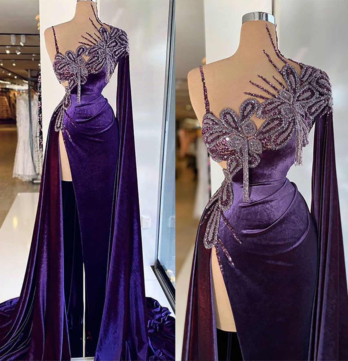 Robes de bal en velours violet princesse sans manches avec cape sexy col en V appliques paillettes perles fente latérale luxe brillant longueur a