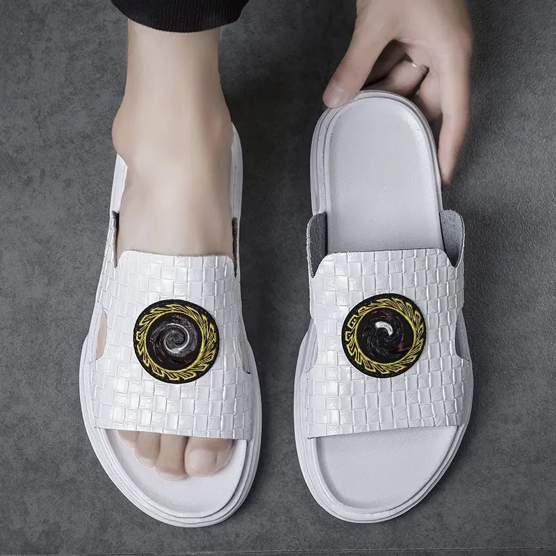 

Slippers Men Shoes PU Leather Solid Color Casual Fashion Beach Party Weave Pattern Trend Comfortable Breathable Daily Flip Flop HM252, White