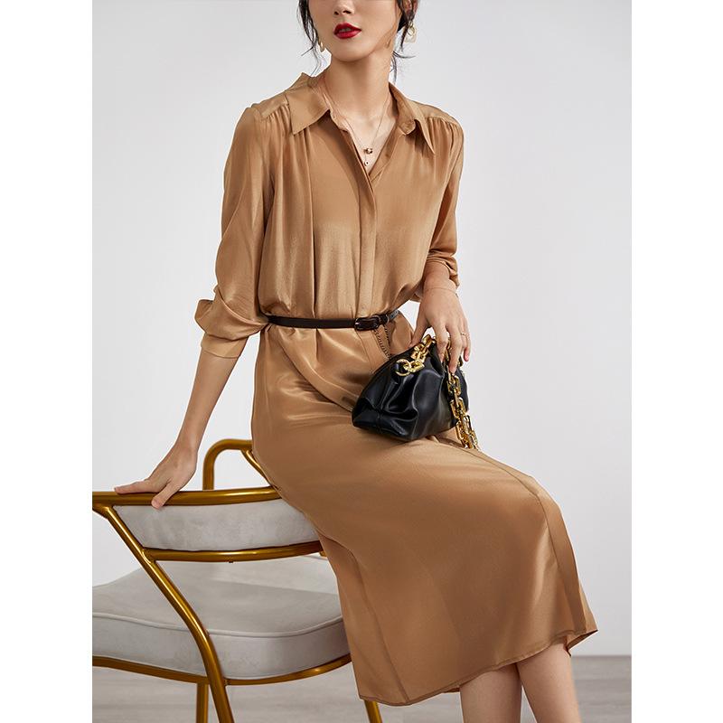 

Casual Dresses Two-layer Heavy Silk Dress Women Loose-fitting Long-sleeved French Style Temperament Shirt, Khaki
