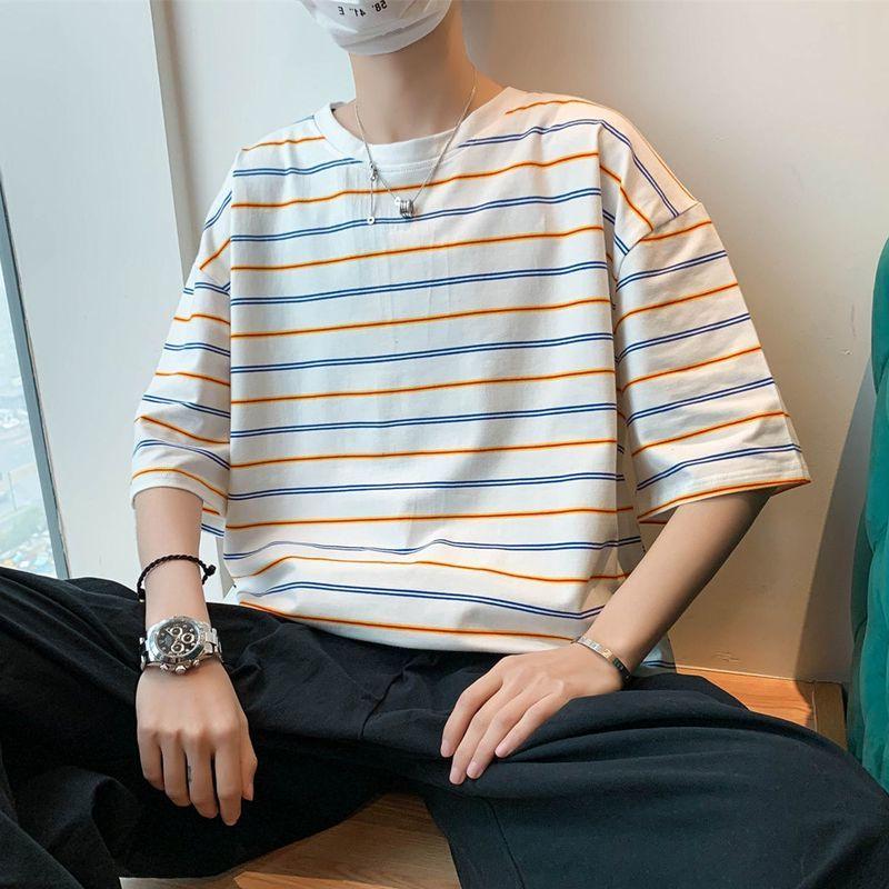 

Men's T-Shirts Striped Short-sleeved T-shirt For Men Women Korean Trend Summer Hong Kong Style Tees Loose Preppy All-match Hip Hop TopsMen's, White