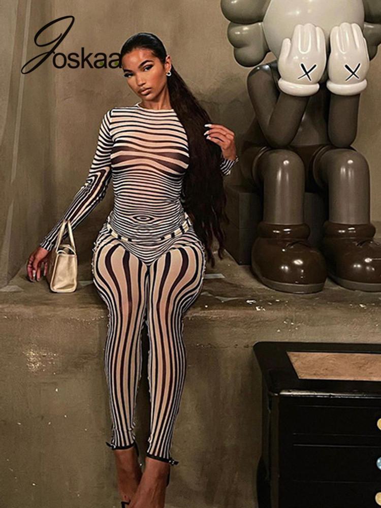 

Women' Two Piece Pants Joskaa Sexy Sets Mesh Stripe Printed Long Sleeve T-Shirt Pencil Trousers Women Outfits Fall 2022 Party Clubwear, Black