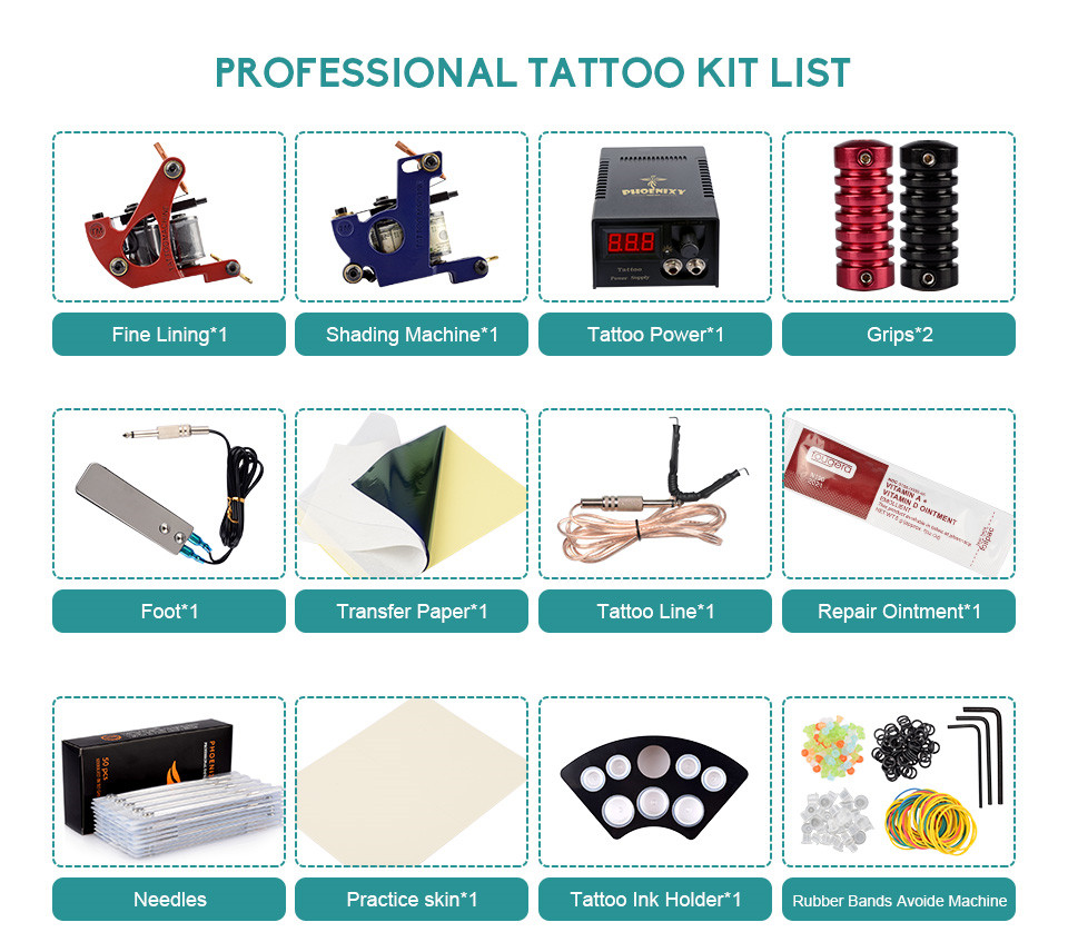 

Professional Tattoo Kit 2 Machine Gun 20 Color Inks Power Supply Complete Kits Guns