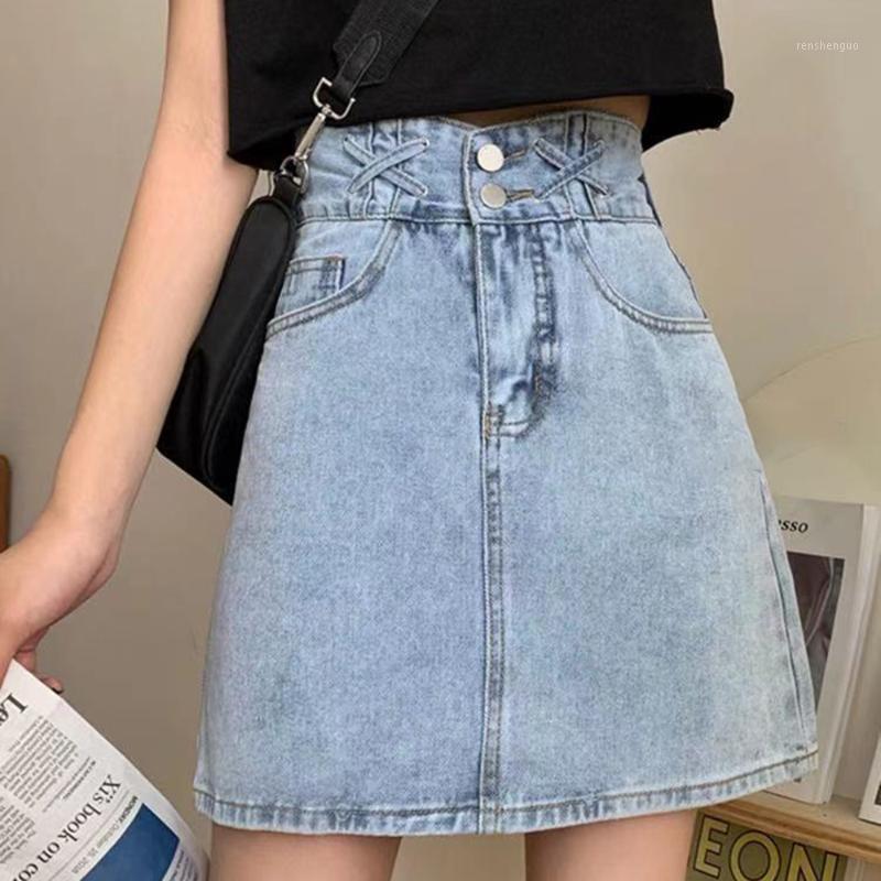 

Skirts Womens 2022 Summer Korean Fashion Retro High Waist All-match Spring Autumn Casual Simple A-line Blue Denim Mini Skirt