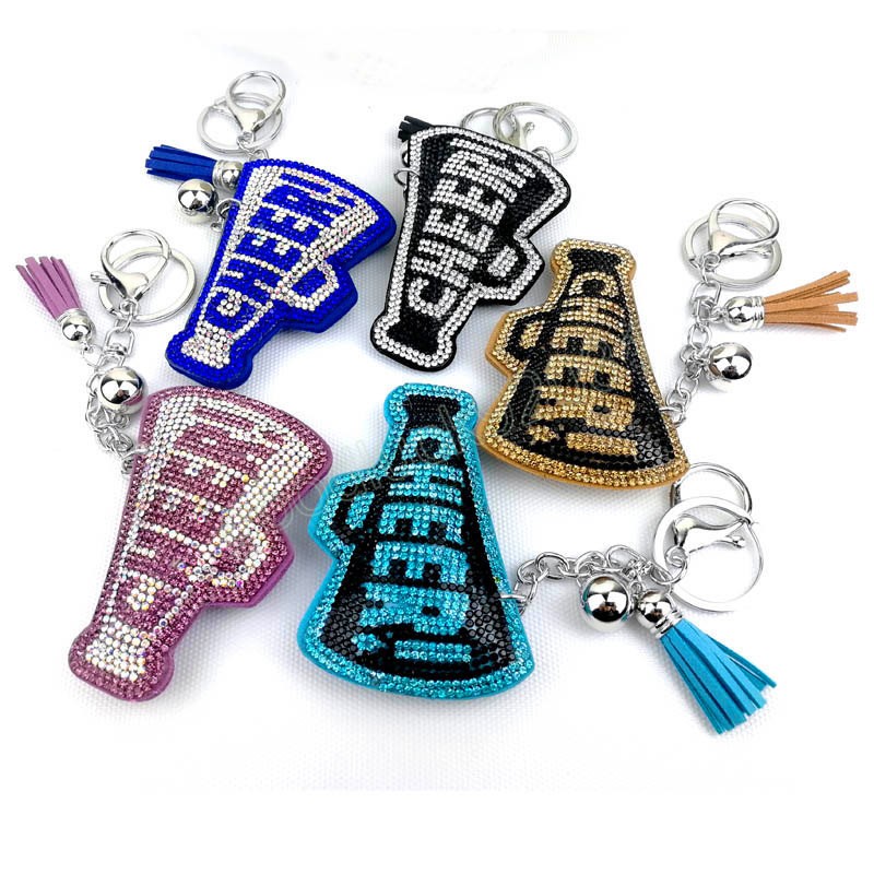 

Full Crystal Word CHEER Keychain Leather Tassel Key Holders Rhinestone Key Chains Keyring Charm For Women Bag Car Pendant Gift