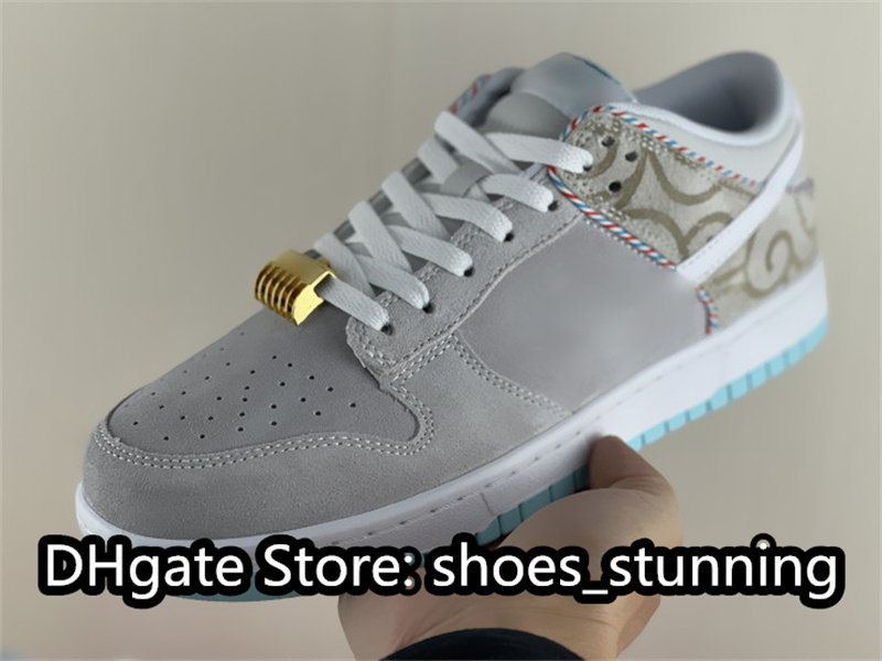 Chaussures de planche à roulettes de qualité supérieure DNKS Low Barber Shop Blanc Gris Colorway Couche véritable en cuir Semelle extérieure en c