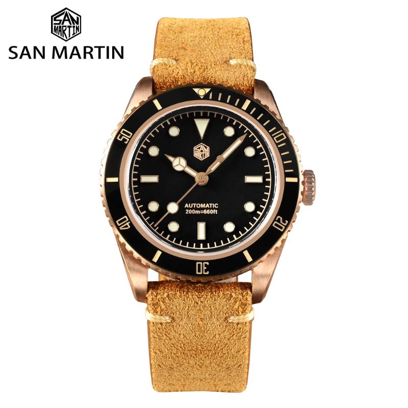 

Wristwatches San Martin 38mm Vintage 6200 CuSn8 Bronze Diver Luxury Men Watch PT5000 SW200 Sapphire Automatic Mechanical 20Bar Leather Strap, Black