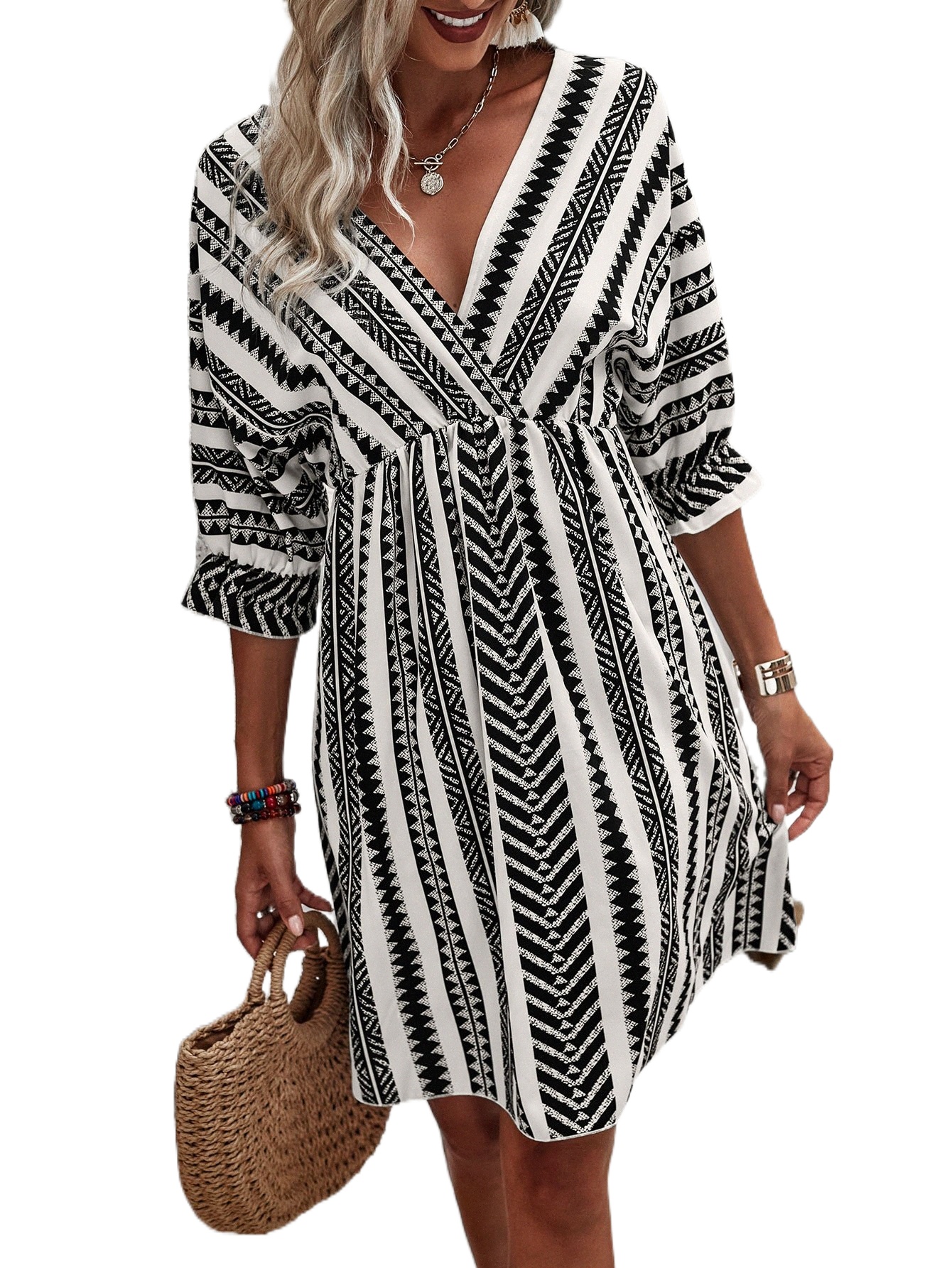 

striped & Geo Flounce Sleeve Tie Back Dress r3oh#, Black and white