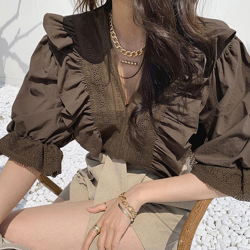 

Women's Blouses & Shirts 2022 High Fashion Puff Sleeves With Wooden Ears Shirt Korean Spring And Summer Chic Retro Brown V-neck Ruffle, Coffee