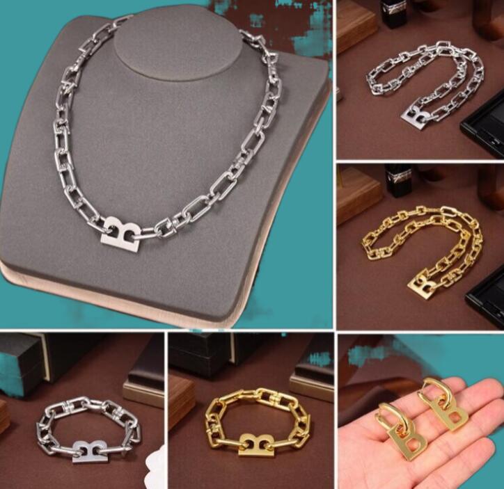 

Titanium steel Great B letter Thick chain necklace female exaggerated temperament retro glamorous earrings women Punk 18K gold plated bracelet bangle Jewelry BL22, Mixed colors