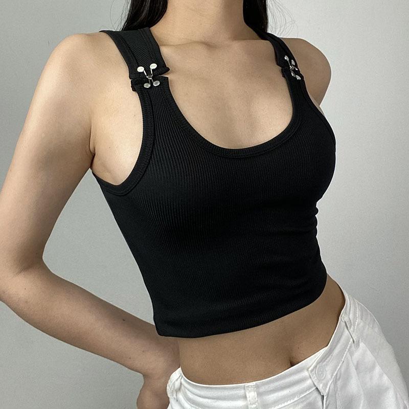 

Women' Tanks & Camis Goth Black Tank Tops Summer Women Sleeveless Metal Hook Cropped Harajuku Punk Grunge Streetwear Vest Slim TanksWomen