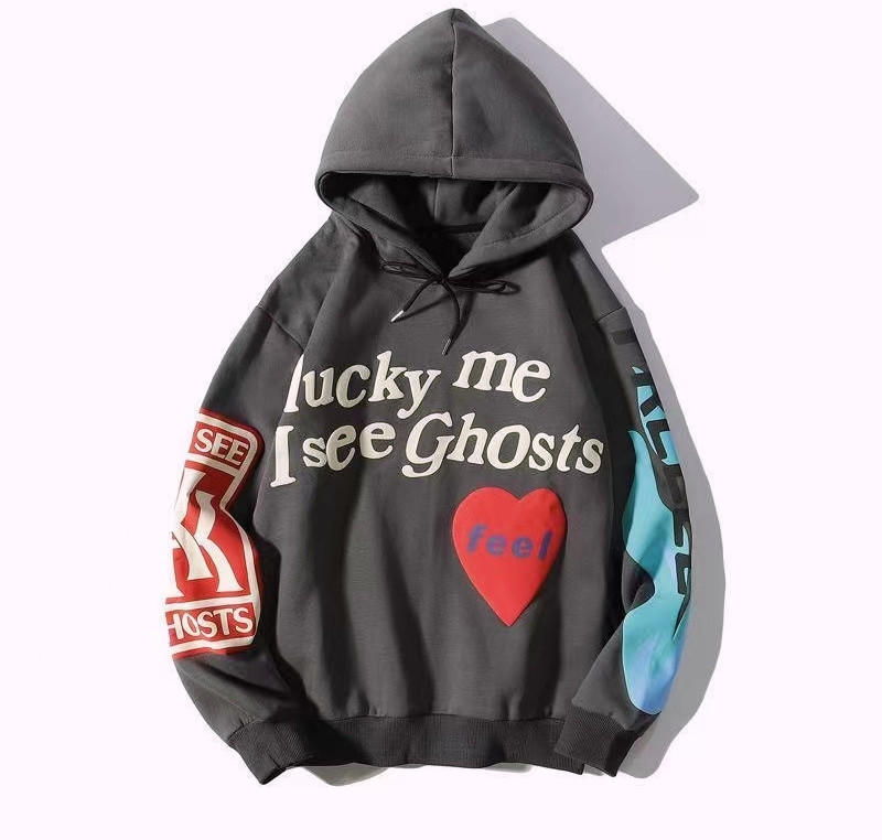 

Hoodies Sweatshirts Wash Grey West Men Women 1:1 High Quality Lucky Me i See Ghosts Kids Foam Print, Black