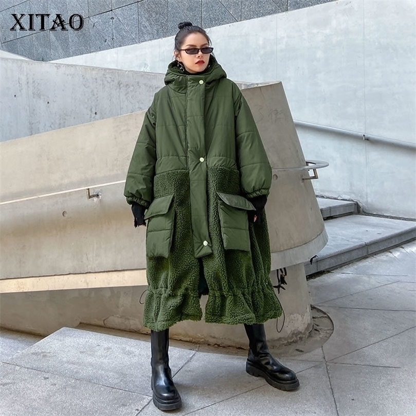 

XITAO Plus Size Parkas Fashion Women Elegant Single Breast Full Sleeve Patchwork Pleated Hem Solid Color Parkas ZY1829 201127, Army green zy1829
