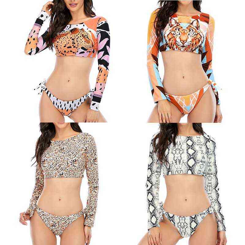 

Crop Top Sports Bikini Set Tiger Leopard Snakeskin Print Long Sleeve Round Neck Low Waisted Women Swimsuit Tie Side Brazilian Padded Racing, Leopard-1