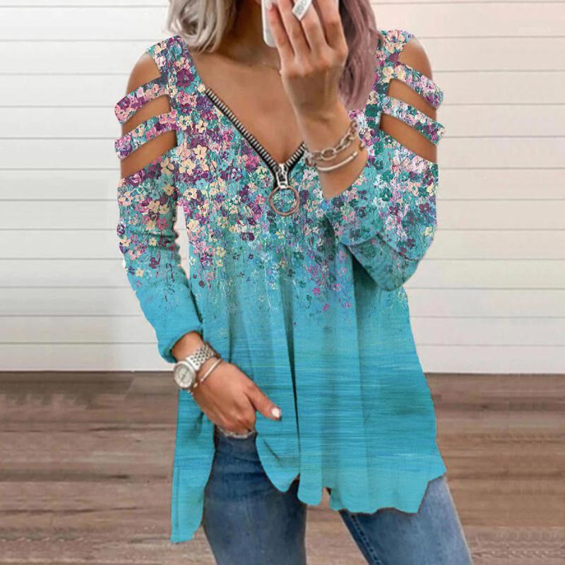 

Women' Blouses & Shirts Fashion Small Floral Blouse V-neck Zipper Hollow Out Shirt Strapless Long Sleeve Women Top Femme Blusas, White