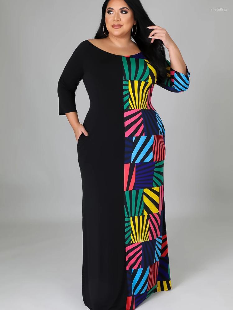 

Plus Size Dresses Elegant Solid Patchwork Print Bodycon Maxi Dress Women Short Sleeve Casual Ladies Office Outfits Vestidos SummerPlus Elro2, Black-1