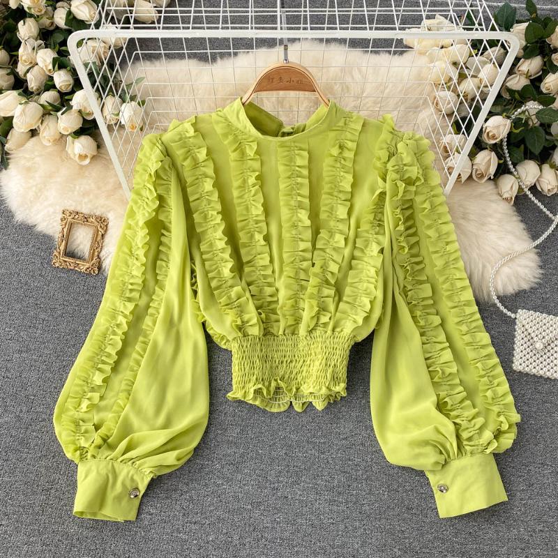 

Women's T-Shirt SINGREINY Chic French Women Blouse Elastic Ruched Slim Ruffles Long Sleeve Tops 2022 Fashion Streetwear Short Blouses Autumn, Yellow