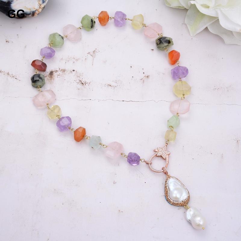 

Pendant Necklaces GuaiGuai Jewelry Multi-Color Gems Stone Citrine Rose Quartz Amethyst Prehnite Necklace White Keshi Pearl 22"Pendant