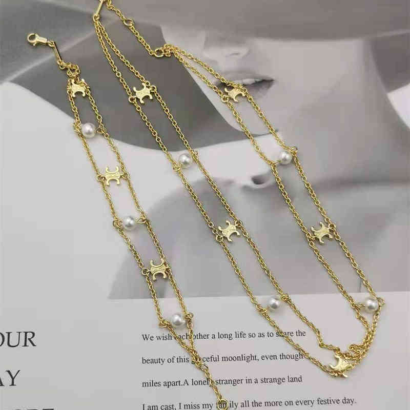 

Arc Designer New De Triomphe Double Pearl Necklace Bracelet Women's Advanced Temperament Super Fairy Neck Chain