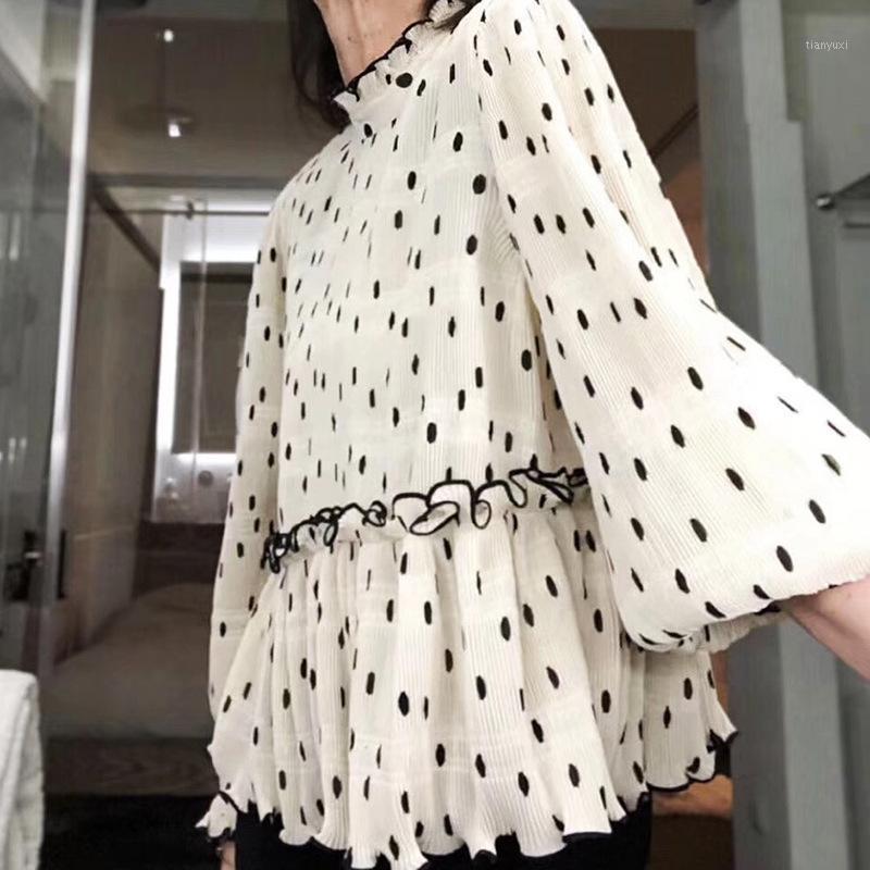 

Women' Blouses & Shirts [ElfStyle] - Woman Beige Navy Dotted Print Georgette BLOUSE High Neck With Frills Ruffled Hem Long SLeeves Fashion